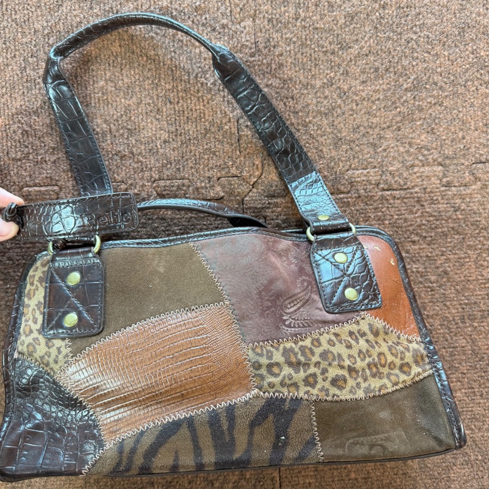 B- Relic Women Brown Patchwork Shoulder Bag Faux Croc Leopard Zebra Print Brass